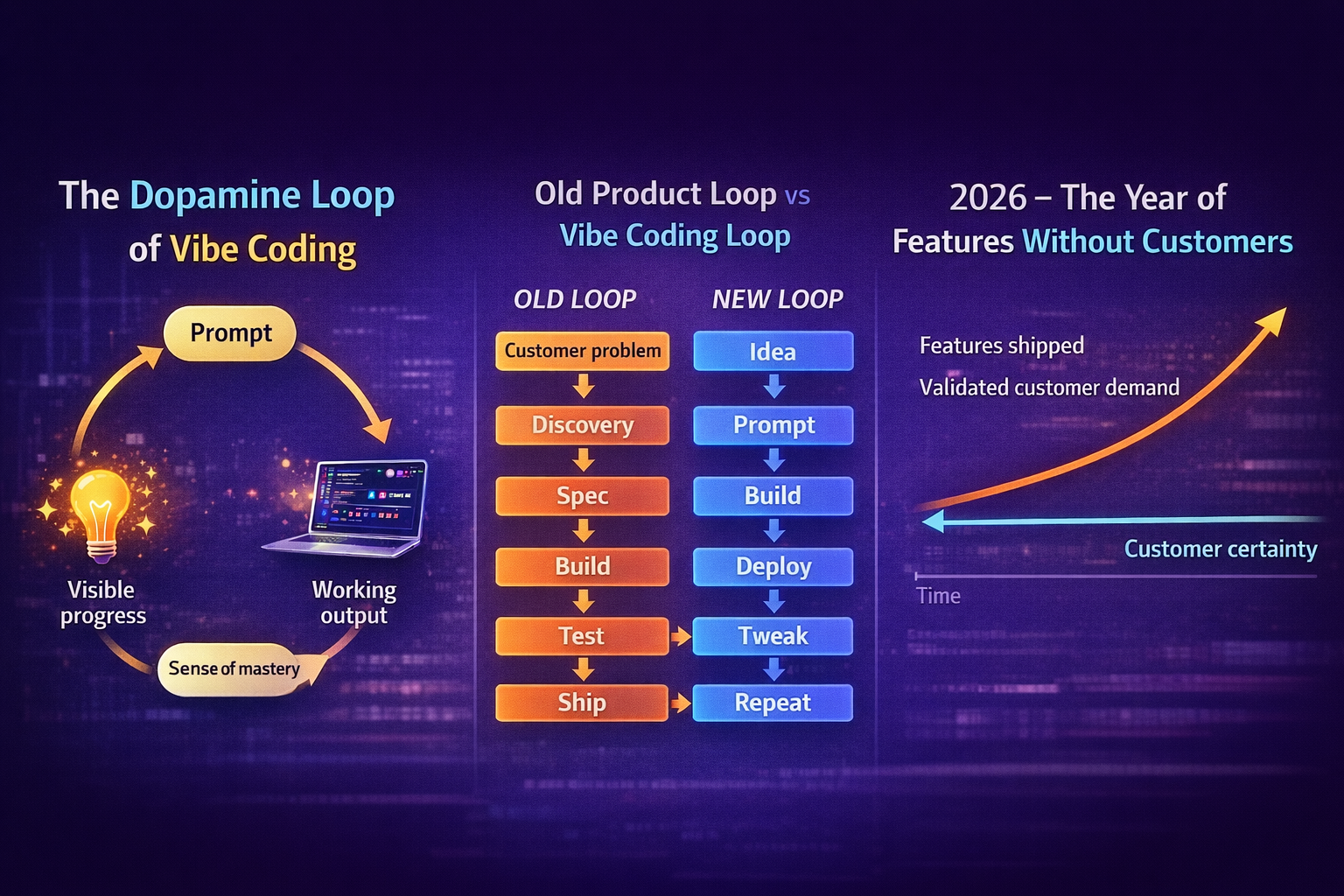 The Dopamine Loop of Vibe Coding — what the old development loop removed and the rise of features without customers